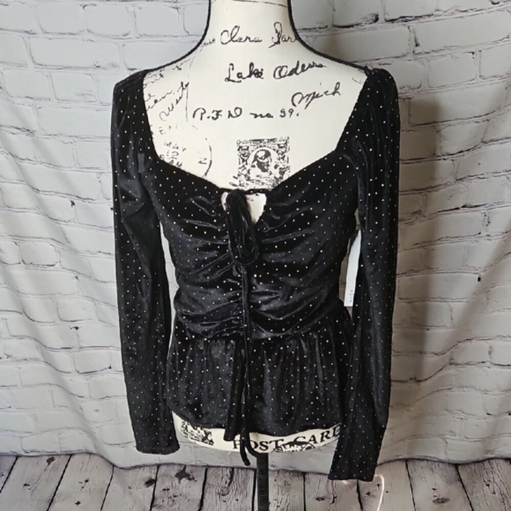 Aqua Black Velvet Embellished Long Sleeve Peplum Top NWT Size Small
